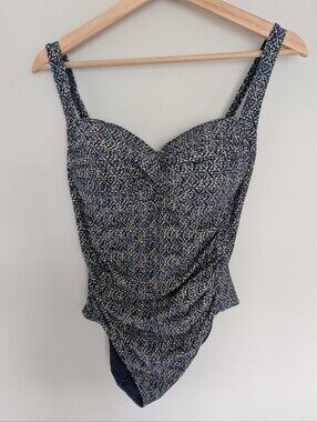 Bond Eye Australia Size 8 One Piece Swimsuit Navy Gold Patterned Ruched Stomach